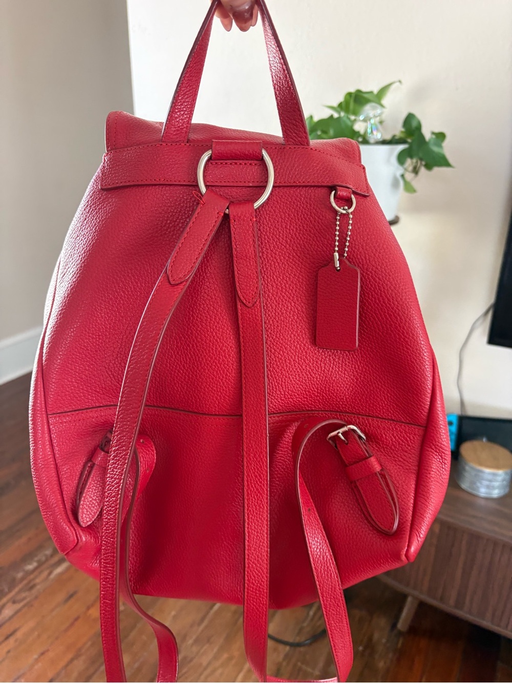 Coach Red Leather Drawstring Backpack with Front Pockets - Picture 3 of 3